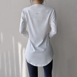 1115 Autumn and Winter Long Thigh-Length Slimming Style Beauty Back Breathable Yoga Clothes Long Sleeve Running Fitness Sportswear T Womens T-shirt