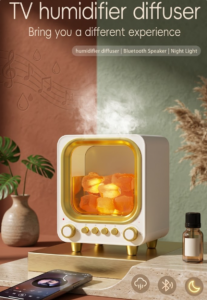 Retro TV Flame Air Humidifier Diffuser with Bluetooth Speaker Night Light Ultrasonic Cool Mist Maker