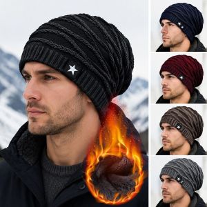 WININ Casual Winter Beanie Hat Thickened Star Patch Slouchy Beanie Hat  Striped Texture Fur Lined Beanie Winter Wear