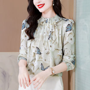 AMMIN 2024 Autumn New Pleated Pearl Studded beaded stand collar Long sleeve chiffon blouse Korean Version Vintage Floral Butterfly Print Commuter Elegant Blouse