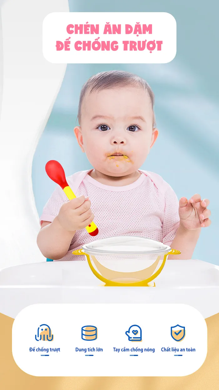 Bộ Chén Ăn Dặm Đế Silicone Chống Trượt Kèm Muỗng Cảm Ứng Nhiệt