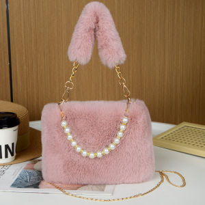 EchoBliss  กระเป๋าสะพายข้างขนเทียมประดับไข่มุก แฟชั่นน่ารักสำหรับผู้หญิง ดีไซน์นุ่มฟูเหมาะกับฤดูใบไม้ร่วงและหนาว