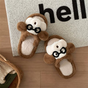 XIXITIAO Creative Cute Little Monkey Furry Shoes for Men and Women Fun Home Slippers Warm Autumn and Winter Couples Closed-Toe Cotton Slippers