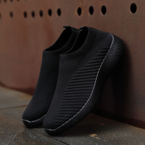 Slip On Black Rubber Shoes For Women On Sale Fly Woven Casual Walking Shoes Low Cut Comfortale Shoes