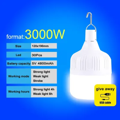 หลอดไฟแบบพกพา ไฟฉุกเฉิน LED Bulbซุปเปอร์สว่าง 1000W 2000W 3000W ไร้สาย ชาร์จไฟผ่านUSB ของแท้ IPX7 หลอดไฟ พกพา 3 โหมด Highlight Flash Lowlight