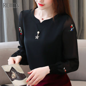 REHIN สกินนี่ไซส์ใหญ่ปักAll-Matchแขนยาวเสื้อชีฟองที่เรียบง่ายVคอComfortใหม่