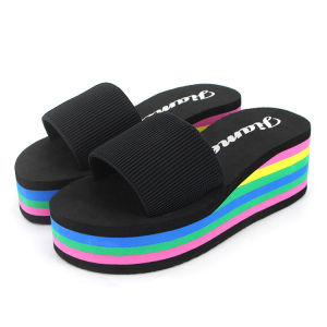 [Free Shipping] New Summer Womens Shoes: Korean-Style One-Strap Thick-Soled High-Heeled Rainbow-Colored Platform Sandals and Womens Slippers.