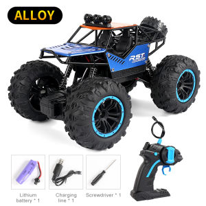 Remote Control Climbing Off-Road Vehicle Bigfoot Alloy Car Toy Model (1:18) [Front LED Lights] [Suspension Shock Absorber] [Rubber Wear-Resistant Tires] [4-Wheel Drive] [Applicable Terrains: Pavement Grassland Sand] [Green Blue Color]