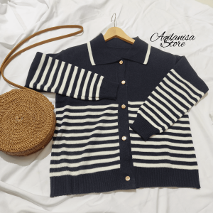 Haruka Stripe Cardigan Kancing Gold | Rajut Tebal Premium | Button Cardigan Kancing | Cardi Garis Kancing | Atasan Wanita | Fashion Wanita