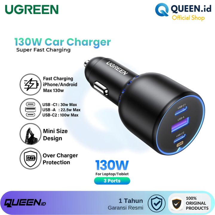 UGREEN Car Charger Mobil 130W 3 PORT USB TYPE C PD QC 4.0 Fast - 90413