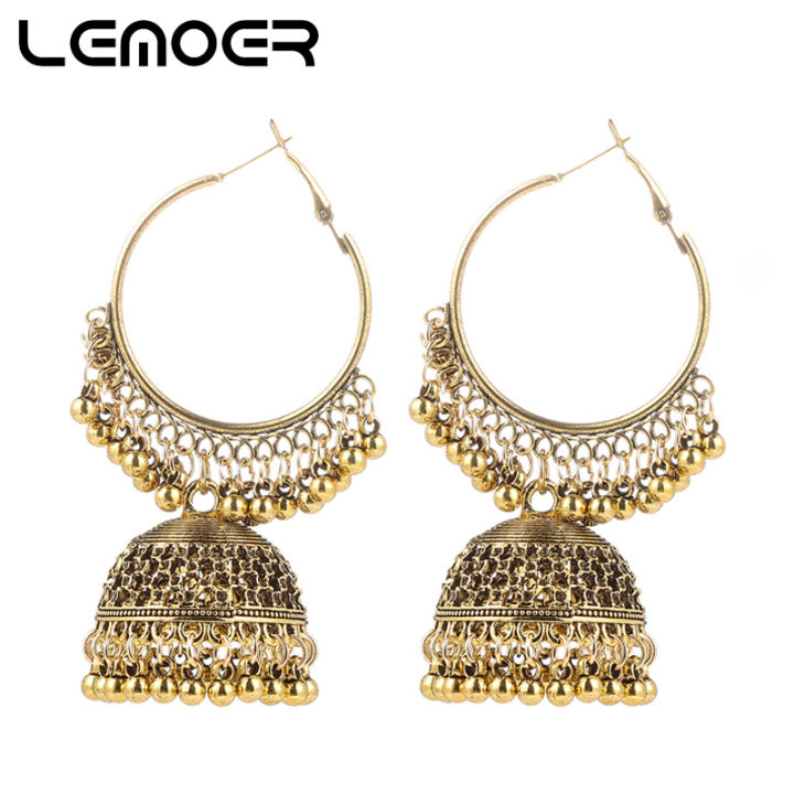 LEMOER Boho Ethnic Indian Jhumka Big Bell Hoop Earrings For Women Vintage  Gold Sliver Color Round Beads Dangle Earring Gypsy Jewelry Lazada PH