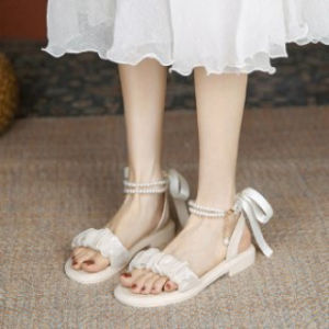 [Free Shipping] WomenS Summer Sandals New Fashion Style Chunky Heel Single-Strap Design With Pearl And Ribbon Accents High Heels