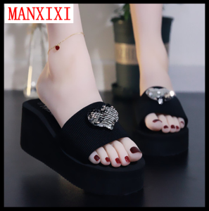 MANXIXI Beautiful Flat Slippers 2.36 Inches Love Pattern Inlay Rubber Sole Sturdy Wedge Sandals For Women (Size 35-40)