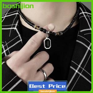 bashijian Black Beads With Square Pendant Necklace For Men Trendy Accessories Jewelry Male Gift Decoration