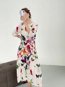 92485 Miyake Autumn Butterfly Print Slimming Long Light Luxury Pleated Dress Women One Size (45-75kg)