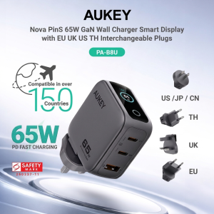 Aukey PA-B8U Nova PinS 65W GaN Wall Charger Smart Display EU UK US TH Interchangeable Plugs (24 Months Warranty)