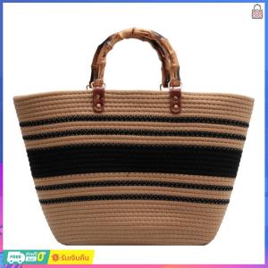 Lightweight Womens Cotton Woven Tote Bag with Striped Pattern and Bamboo Handles for Daily Use