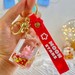 Gold Glittering Liquid Novelty Pendant Cute Mix Cartoon Moon Star Small Accessories Quicksand Keyring Gift with Hanging