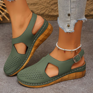 [Free Shipping] Baotou WomenS Sandals 2025 Summer New Collection Featuring A Hollow Design Breathable Material And A Wedge Heel With Stitched Detailing