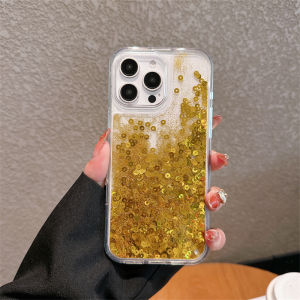 Gold Sequins Quicksand Case Cover for iPhone 15 16 Pro Max Shell Glitter Sand Hard Phone Back Coque Clear Soft Edge Frame Funda