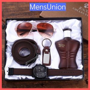 WITH VIDEO Gift Set For MenHantaran Leather Belt Perfume watch pen spec keychain (5 Pcs Item) [Malaysia Stock]