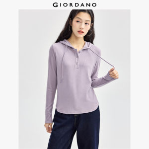GIORDANO Women T-Shirts Button Half Placket Rib Tee Solid Color Relaxed Simple Fashion Casual Drawstring Hooded Tshirts 05325813