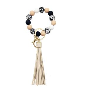 Fashionable Beads Keychain Beaded Key Rings Bangle Chains Bracelet Wristlet with PU Tassels for Fashion Ladies