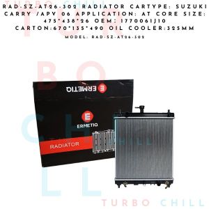 RAD-SZ-AT26-302 RADIATOR CARTYPE: SUZUKI CARRY /APV 06 APPLICATION: AT CORE SIZE: 475*438*26 OEM:1770061J10 CARTON:670*135*490 OIL COOLER:325MM