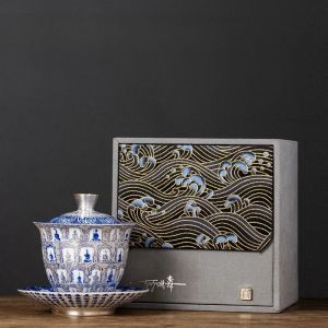 Kirilgu Ceramics Gilded Silver Buddhas Gaiwan Dragon Handmade Household Kung Fu Tea Set Tea Bowl Tea Cup Tea Tureen Pot Gift 8K3Q7