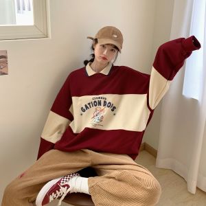 Kerah Warna Kontras Sweater Wanita Gaya Rapi Atasan Lengan Panjang Versi Korea Polo Shirt Retro Jahitan