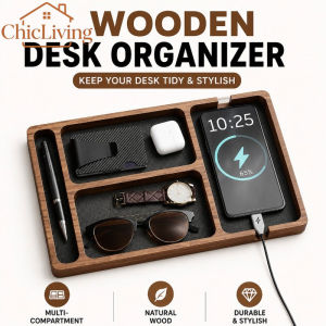 ChicLiving Wooden Desktop Organizer Tray Partition Storage Box Leather Lined Phone Headphone Debris Storage Box