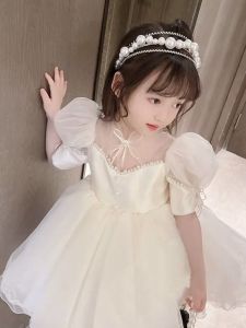Dress Anak Perempuan Fashion Import Cream Lace Transparant Pita Mutiara