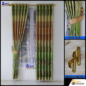 Gorden Ruang Tamu Mewah Bahan Blackout Import Motif Printing Batik Emas Model Smokering