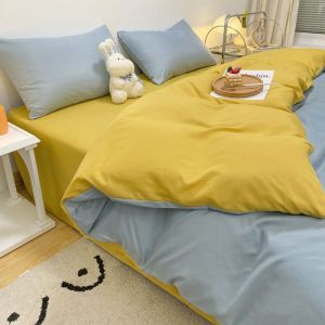 Solid Color Two-Piece Bed Sheet Set Four-Piece Washed Cotton Quilt Cover Bed Sheet Bedding Dormitory Single Three-Piece Set LZD