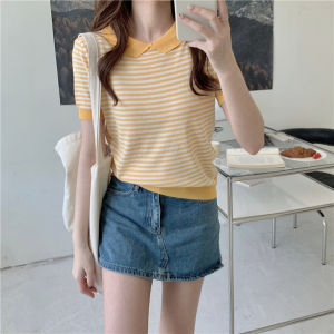 Women Striped Polo Collar Knitted Top Casual Short Sleeved Top