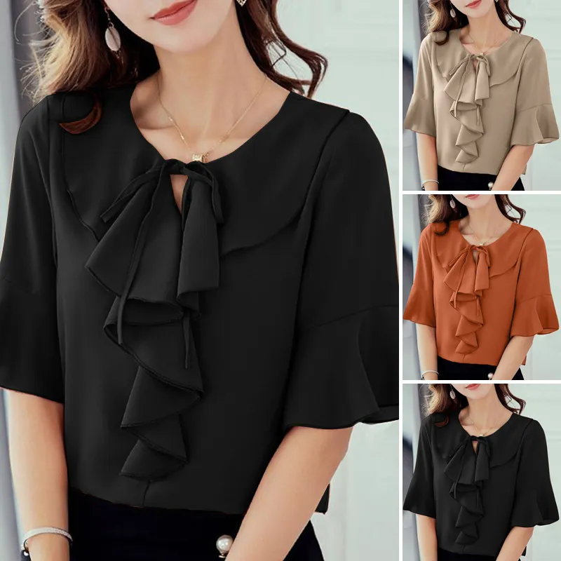 ZANZEA Korean Style Women Flare Short Sleeve Ruffles Shirt Plain