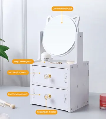 Rak Kosmetik Cermin Telinga Kucing 2 Laci Vintage WPC/ Rak Make Up Mini Skincare Tahan Air Lemari Hias Kecil Storage