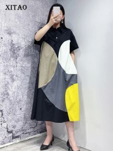 XITAO Contrast Color Loose Dress Women Female Temperament Summer Arrival O-neck Casual Elegant Dress ZY8451