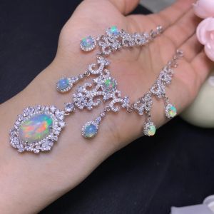 S925 Sterling Silver Inlaid Natural Opal Necklace Main Stone 10*14mm Vintage Luxury Banquet Choker