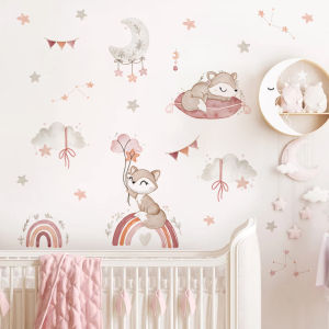 Pink Cartoon Cute Fox Rainbow Cloud Moon Star Watercolor Nursery Stickers Wall Decals Art Print Kids Girls Room  Home Decor
