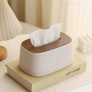 DIVATEN Large Opening Tissue Box With Lid Auto Lift Spring Space-saving Tissue Dispenser Creative Stripe Pattern Square Tissue Box Desktop Use