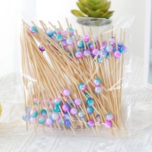 ZYJC MALL 100pcs Disposable Bamboo Food Picks Snack Fork Skewer Versatile Pearl Fruit Picks Colorful 12cm Length Toothpick Skewer Wedding Party