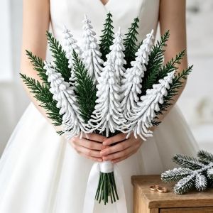 FXUP 10PCS Green White Artificial Pine Branches Plastic Snow Flocking Lifelike Greeney Plant Creative DIY Garland Wreath Fake Cypress Leaves Christmas Gift