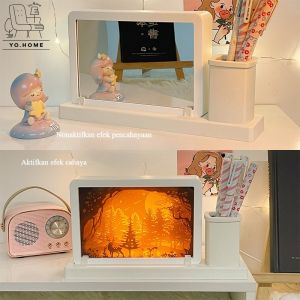 Lampu Malam Patung Kertas 3D Cermin Dengan Tempat Pena Dapat Dilepas Dapat Diisi Ulang