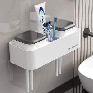 2 Way Wall Mounted Countertop Multifunctional Toothbrush Toothpaste Holder with 2pcs Cup Bathroom Organizer