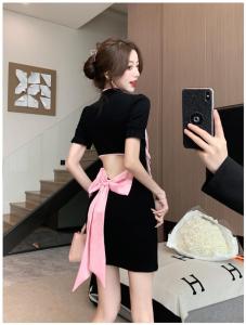 Ăn mặc sườn xám cách tân ngắn tay gợi cảm hiện đại trên đầu gối màu đen màu hồng cổ áo Trung Quốc eo cao thời trang thanh lịch ngọt ngào mát mẻ Bodycon 2024 căng ra tiệc tối