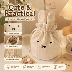 Cute Bunny Corduroy Drawstring Storage Pouch Cosmetic Makeup Organizer Mini Bucket Bag