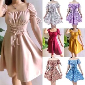 High Quality Corset Waist Puff Sleeves Square Neck Casual Dress