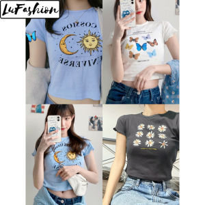 Crop Tops for Women Butterfly Short Sleeve Daisy T-shirt Print Navel Short Shirt