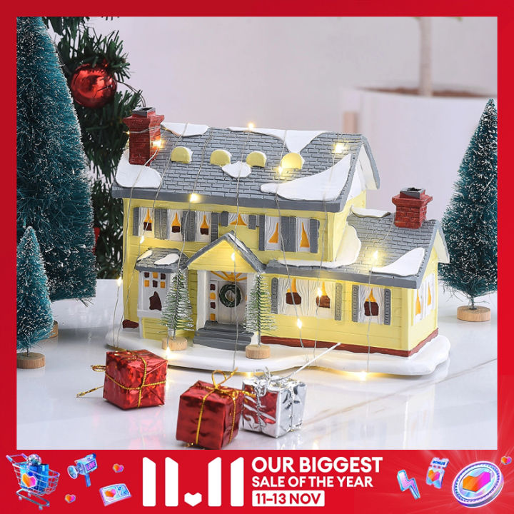 Ceramic Christmas Village Houses With Warm LED Lights – Snowy Glitter Finish – Perfect For Mantel, Tabletop Or Holiday Home Decor